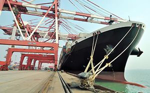 Docked container ship ready to unload cargo